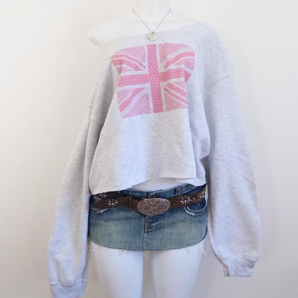 y2k union jack pink one shoulder sweatshirt grey cropped top - Picture 2 of 3
